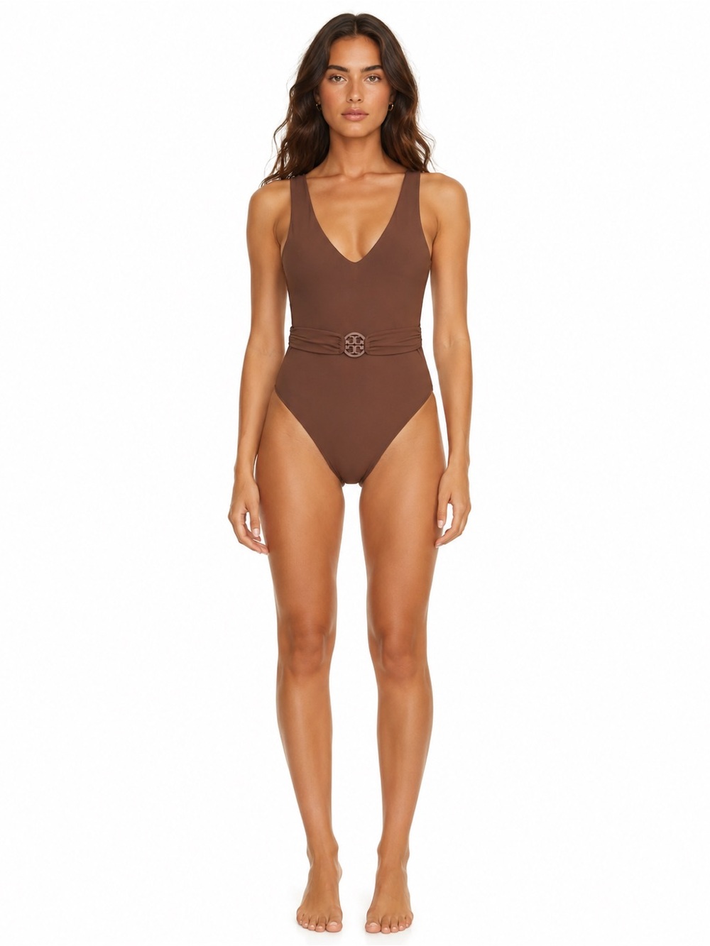 Tory Burch Miller Plunge One Piece Logo Belted Swimsuit